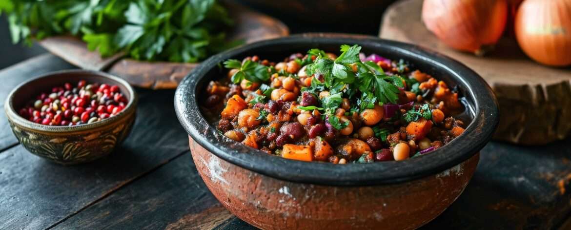 Colorful salad bowl with cooked pulses, fresh vegetables, and herbs - enhancing flavor and texture with pulses.