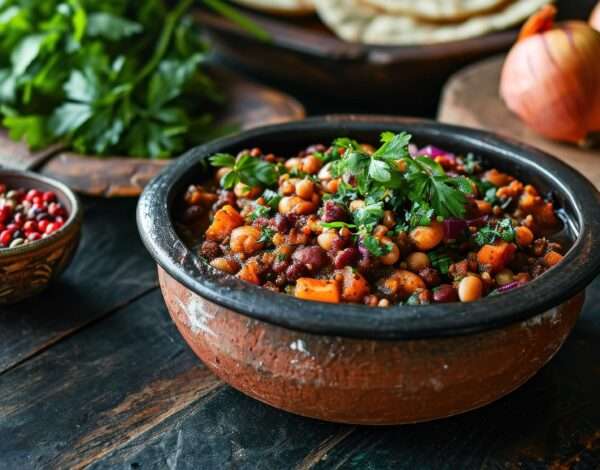 Colorful salad bowl with cooked pulses, fresh vegetables, and herbs - enhancing flavor and texture with pulses.