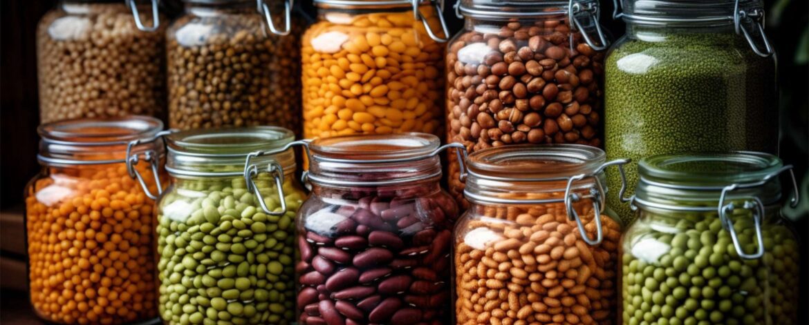 Well-organized pantry shelf with labeled containers of pulses and lentils - storing them properly to maintain freshness and flavor.